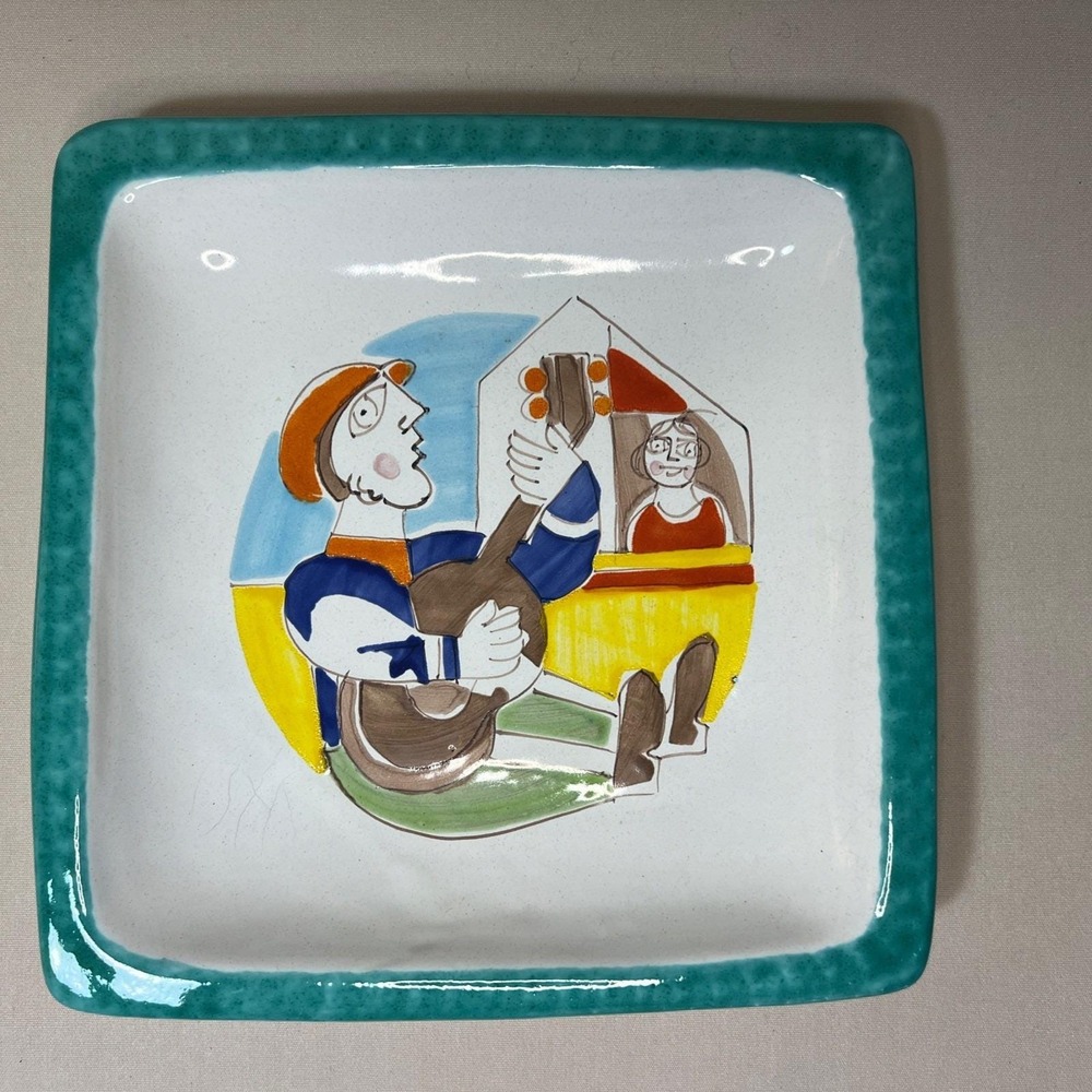 De Simone Italy Pottery Square Plate Hand Painted Musician Folk Art Ceramic 24
